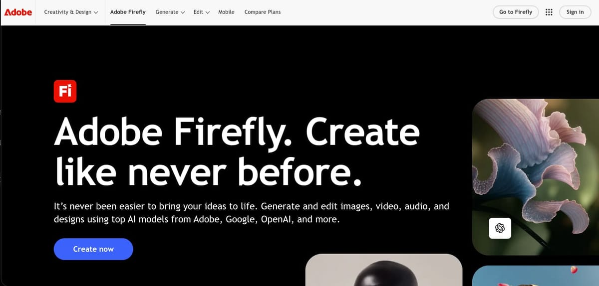 Adobe Fireflyの公式サイトのトップ画面。「Adobe Firefly. Create like never before.」の見出しと「Create now」ボタン、生成画像の例が並ぶ